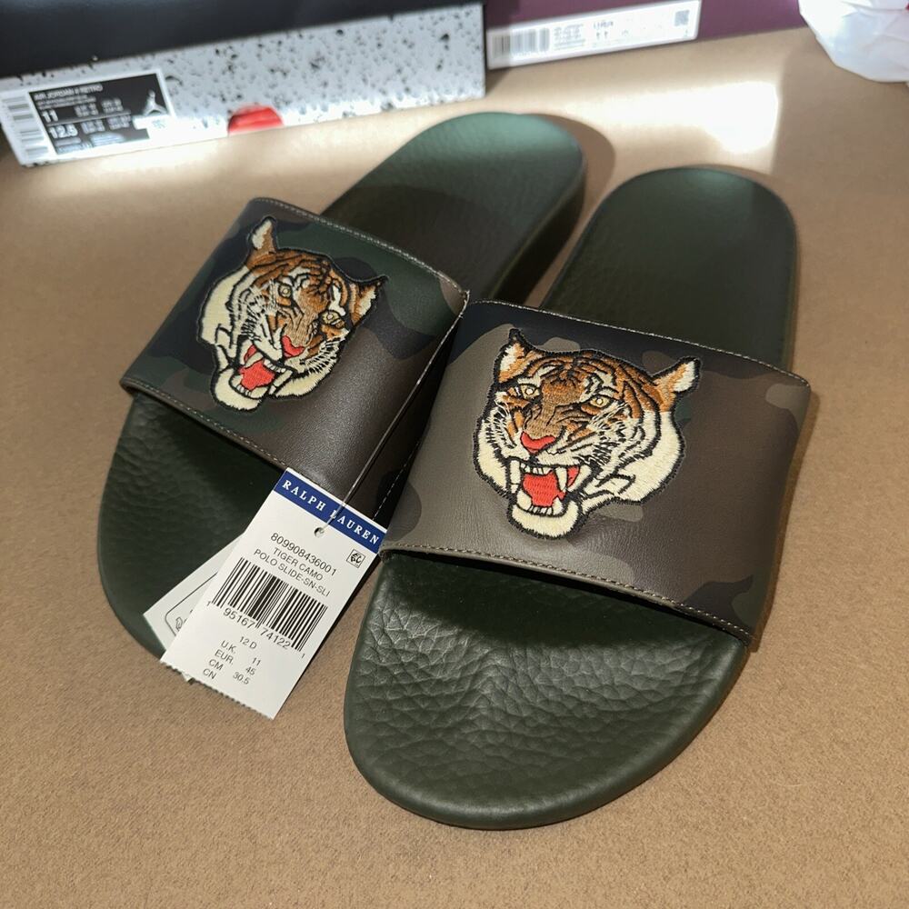 Polo Ralph Lauren Olive Green Camo Tiger Slide Beach Sandals Men Size 12
